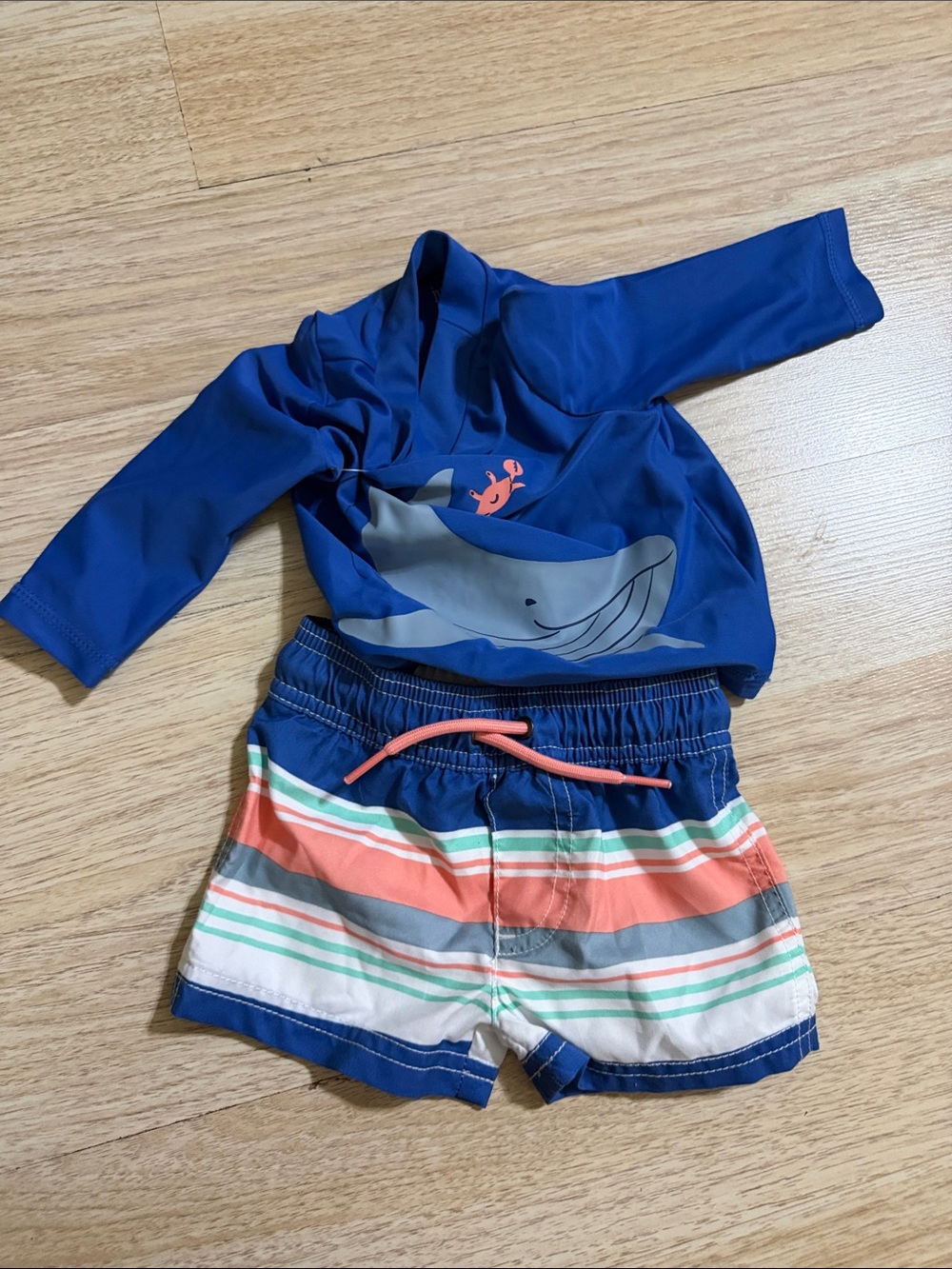 Blue Whale Rash Guard Top and Striped Swim Shorts Set